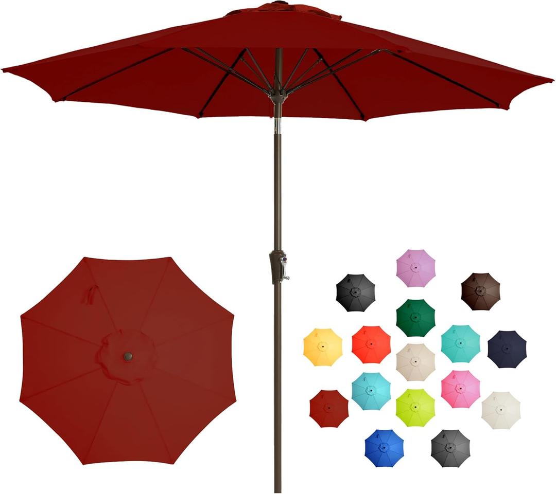LOUNZY 9FT Large Outdoor Patio Umbrella Table Umbrella-UV Resistant,Easy Push Button Tilt and Crank,8 Sturdy Fiberglass Ribs Pool Umbrella for Patio,Backyard,Deck,Yard,Market (Red)