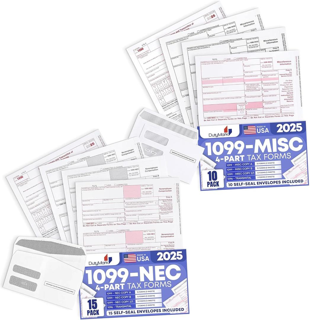 2025 1099-NEC and 1099 Misc 4-Part Tax Forms Combo Kit, for All Non-Employee Compensation Filing, Self Seal Envelopes Included, QuickBooks and Other Software Compatible