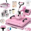 Slendor 8 in 1 Heat Press Machine 15x15 inch 360-Degree Swing Away Digital T Shirt Pressing Machine Multifunction Heat Transfer Sublimation Combo for T Shirts Mugs Hat Plate Cap,Pink
