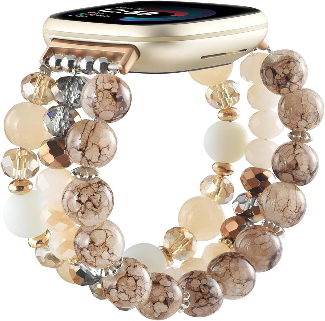 CAGOS Bracelet Compatible with Fitbit Versa 4 Bands/3/Sense/Sense 2 for Women, Handmade Beaded Elastic Replacement Wristband for Versa 2/1/Lite Watch/Special Edition Watch (Amber Brown)