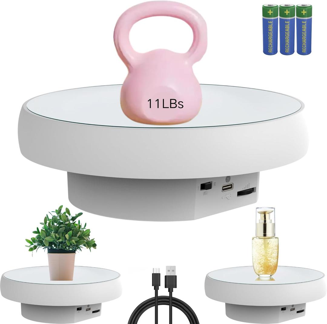 JAYEGT Motorized Rotating Display Stand, 6.3inch /11Lbs Load ,Mirror Cover 360 Degree Electric Rotating Turntable ,Cup Display Turner Stand,Photography Products, Jewelry ,Tumbler-White