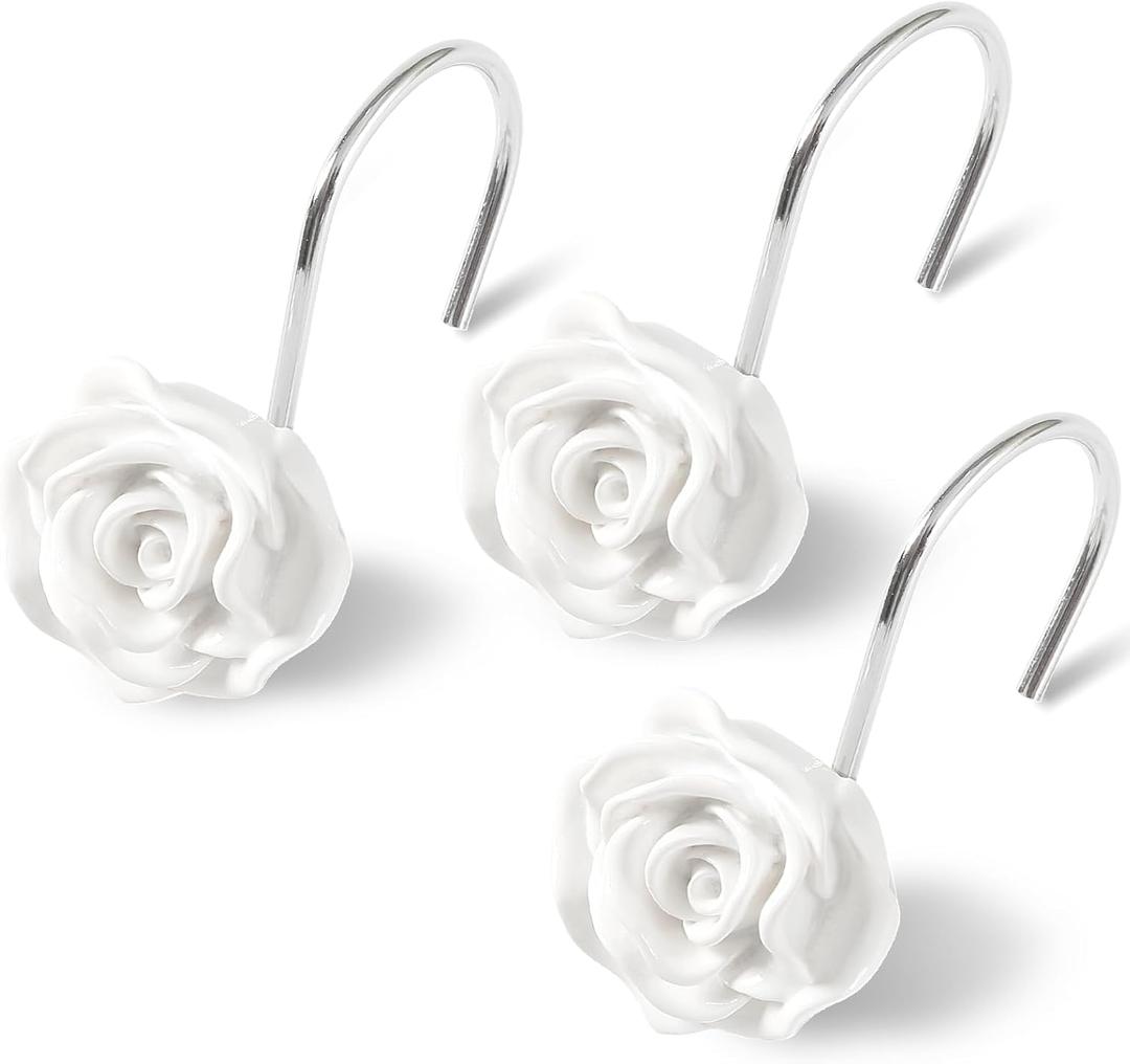 Litabel Rose Flower Shower Curtain Hooks 12PCS,Home Decorative White Rose Shower Curtain Hooks Metal Rustproof Cute Rose Flower Shower Hooks Rings Bathroom Shower Rods Decoration Accessories