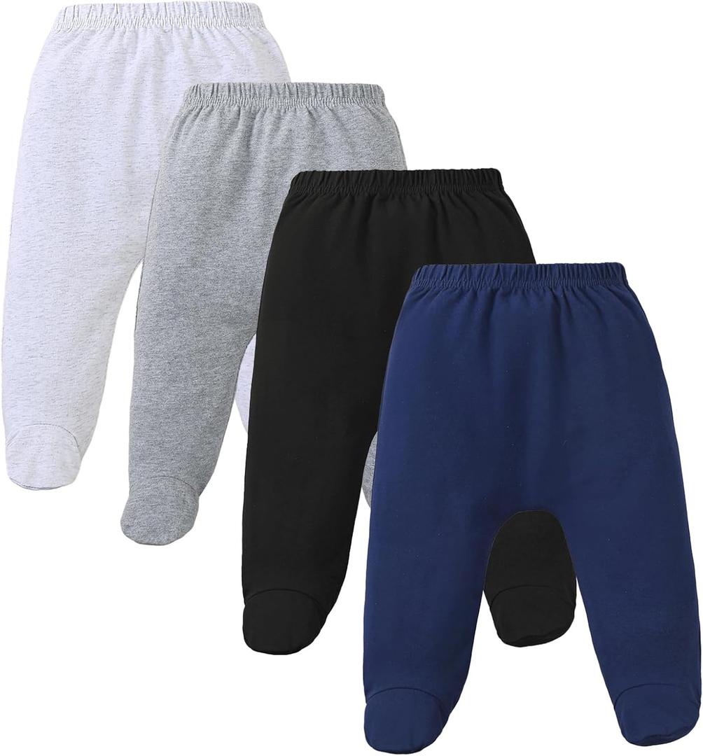 4 Pack Baby Footed Pants: Soft Cotton Spandex Pants with Feet Pull on Bottoms for Infant Unisex Baby Boys Girls