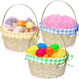 3 PCS Easter Bamboo Baskets with Plaid Lining and Handle Easter Bunny Gifts for Easter Egg Hunt, Kids Party Treats, Filling with Party Favors, Spring Party Favors, Outdoor Activity Prizes