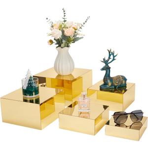 5 Pcs Acrylic Gold Risers Display Stands, Mirrored Food Risers for Buffet Table, Nesting Acrylic Cube Boxes for Jewelry Purse Perfume, Gold Cake Stand for Dessert Display Catering Supplies