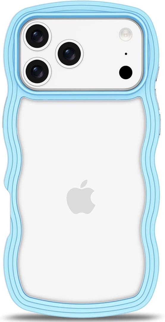 Anuck for iPhone 17 Pro Max Case Wavy Edge Clear Back Design, Anti-Slip Grip Cute Wave Curly Frame Shape Shockproof Soft TPU & Hard Bumper Protective Phone Case Cover for Women Girls, Dark Blue