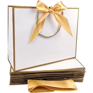 TKSBAG 12PCS Gift Bags Medium Size with Handles, 12.5 x 9.8 x 4.3 In White Gold Thank You Bags with Bow Ribbon for Wedding, Birthday, bridesmaid, Groomsmen, Party Favors, Valentine