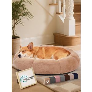 OhGeni 31 inches Calming Donut Dog & Cat Bed for Medium Pets, Warming Comfort Fluffy Short Pile Fur, Durable Waterproof Machine Washable Removable Cover, Cute Round Bed for Puppy, Camel