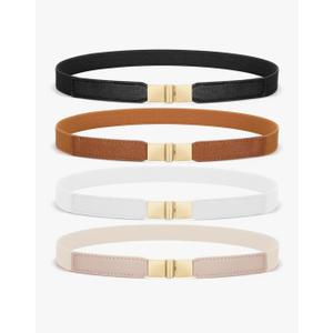 SUOSDEY 4 Pack Women Skinny Elastic Belt, Ladies Stretch Belt for Dresses Pants Thin Waist Gold Buckle Belt, Fit Waist Size 27" - 30"