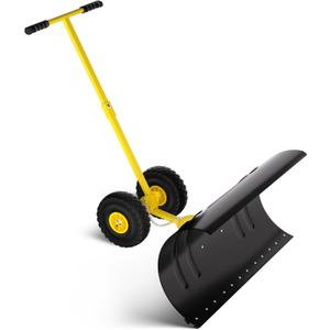 29" Heavy-Duty Snow Pusher Shovel with Wheels, Snow Pusher Hand Plow for Snow Removal, 5 Level Adjustable Handle & 5-Position Angled Blade (29" Single Pole, Yellow)