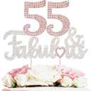 LASKYER 55 & Fabulous Silver Pink Rhinestone Cake Topper - Happy 55th Birthday Cheers to 55 Years Old Bday Party Metal Sparkly Food Centerpieces Topper Decorations Keepsake.