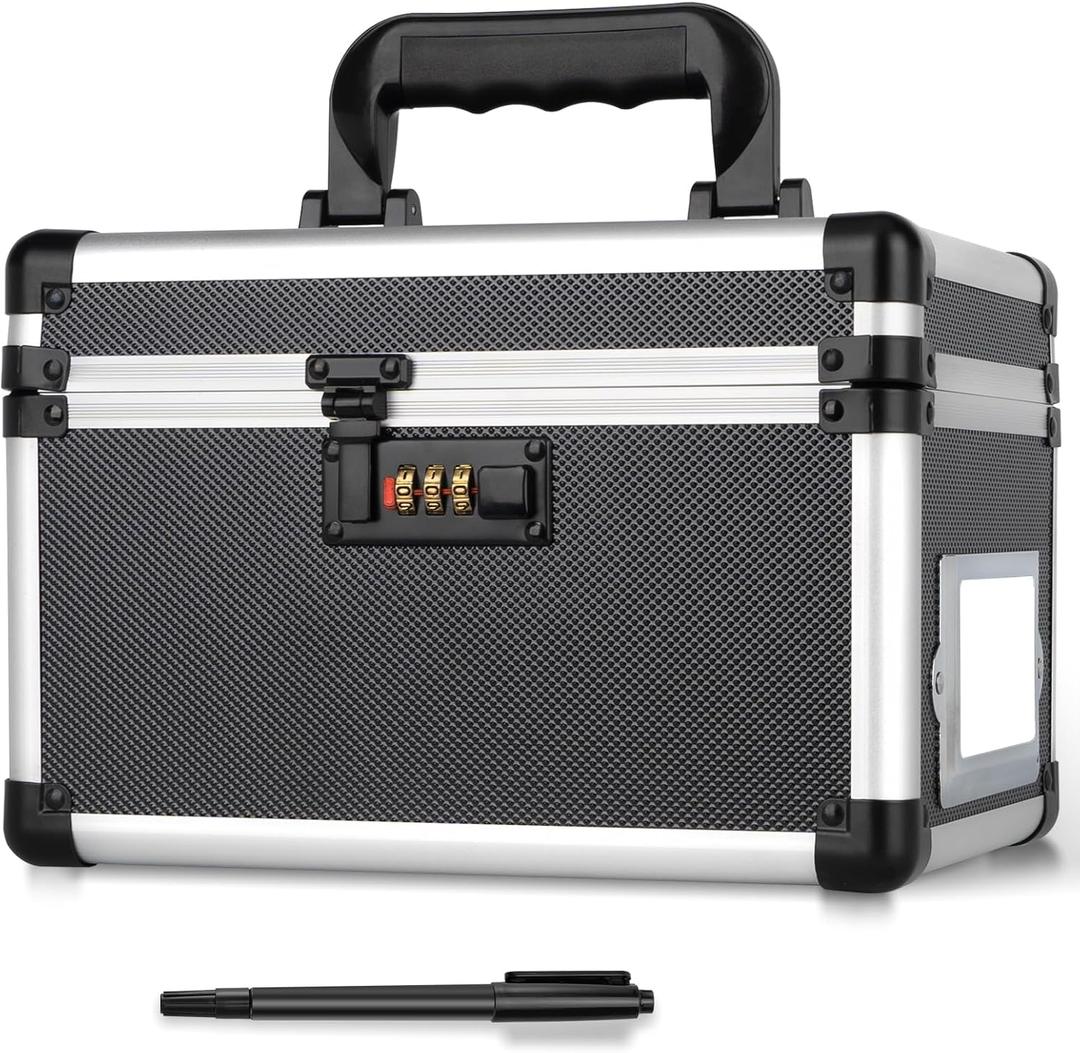 10.2 x 7 x 7.5 Inch Lockable Storage Box with Combination Lock, Portable Safe for Documents, Medicine, Cash & Valuables, Medicine Lock Box with Label Slot for Home, Office & Travel - Black