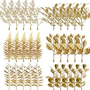 30Pcs Artificial Mini Golden Leaves 5inch Fake Gold Plants Foliage Stems Simulation Eucalyptus Cedar Elm Leaves Grass Stems for Wedding Picks Decoration DIY Wreath Crafts Christmas Tree Filler