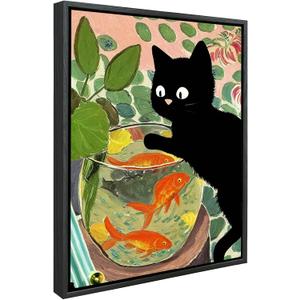 12x16 Floating Framed Canvas Wall Art Prints,Abstract Black Cat Watching Fish Canvas Art Prints,Suit for Kitchen Office Living Room Bedroom Bathroom, 12x16 Black Floating Frame (CB1216-004)