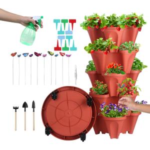 DUNCHATY Stackable Planter, Vertical Strawberry Planter with Garen Tool Set, Self Watering Garden Planter Indoor/Outdoor 5 Tier Herb Planter Pots for Growing Vegetables and Succulents, Clay Red