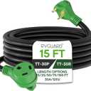 RVGUARD 30 Amp 15 Foot RV Extension Cord, Heavy Duty 10/3 Gauge STW Cord with LED Power Indicator and Cord Organizer, TT-30P/R Standard Plug, Green, ETL Listed