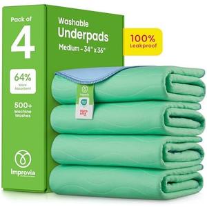 IMPROVIA® Washable Underpads, 34" x 36" (Pack of 4) - Heavy Absorbency Reusable Bedwetting Incontinence Pads for Kids, Adults, Elderly, and Pets - Waterproof Protective Pad for Bed, Couch, Sofa, Floor
