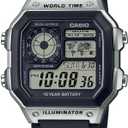 Casio AE1200WH Series | Mens Digital Watch | 100M WR | Multi Alarms | 100 SEC Stopwatch | Countdown Timer | World Map for World Time | LED Light | LC Analog Display | 10 Year Battery (Black)