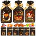 Shintop Halloween Treat Bags, 50PCS Drawstring Goodie Candy Bags Reusable Plastic Gift Pouches Party Supplies for Trick or Treat Cookies Sweets(Tricksters, Skulls, Cats)