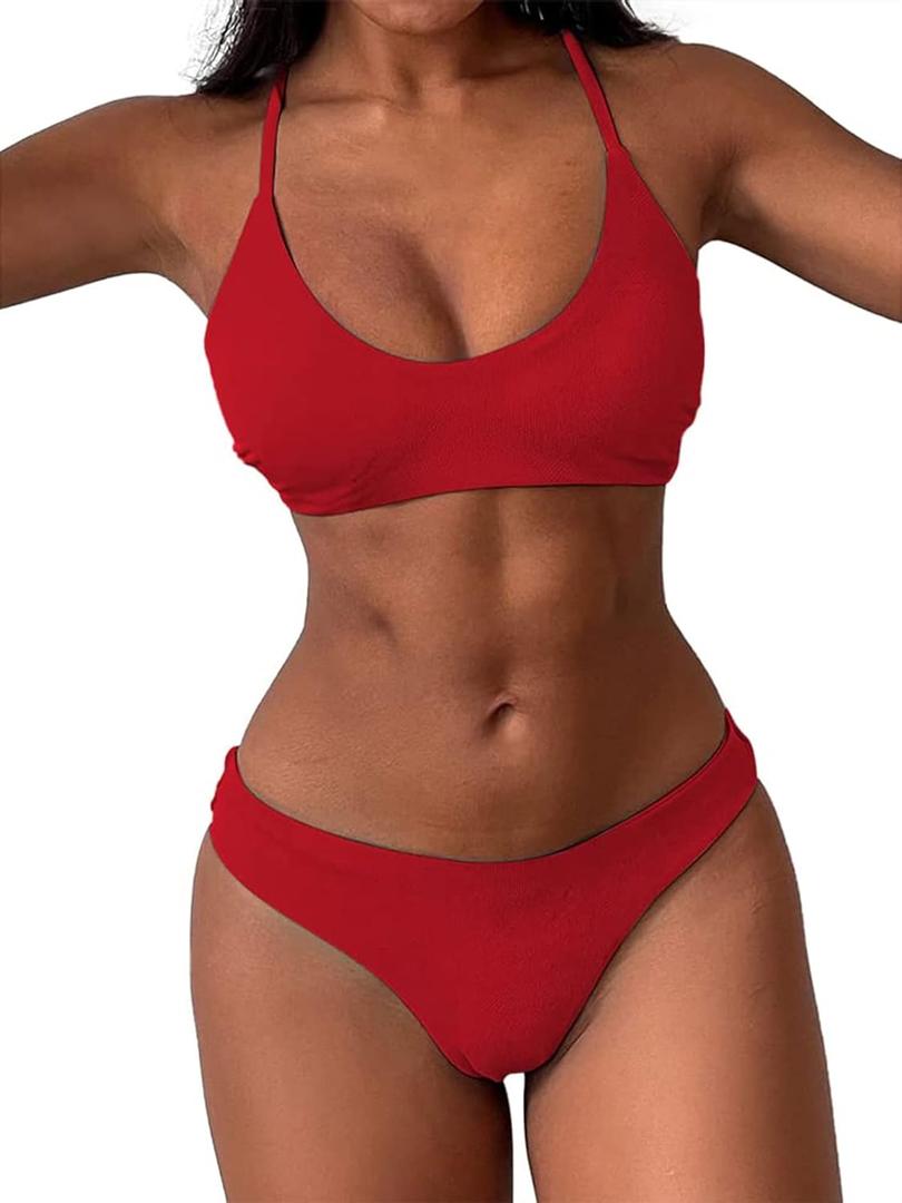 ZAFUL Women's Two-Piece Scoop Neck Bikini Crop Top Criss Cross Push Up Bikini Set Tanks Top Bathing Suit(Small, Red)