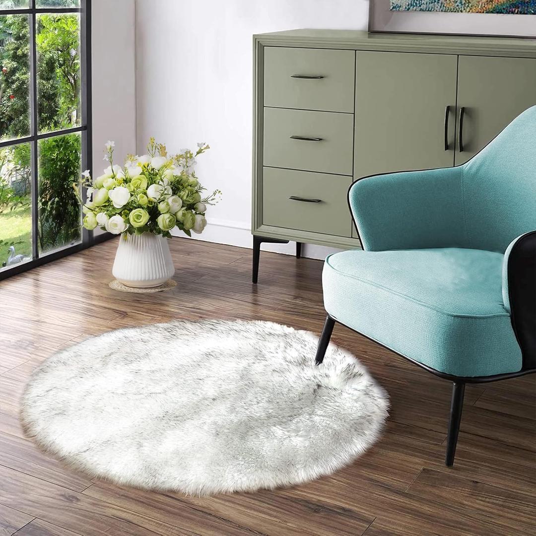 Latepis White with Grey Tips Round Rug - 5ft Washable Faux Sheepskin Fur Area Rug for Living Room & Bedroom (4'11", Round)