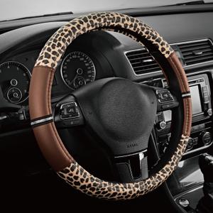 Road Comforts Leopard Steering Wheel Cover - Made with PVC Leather Cheetah Print - Anti-Slip, Universal Fit 14 1/2 inches to 15 inches - Brown