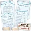 Hilarious Baby Shower Games Boy - 4 Funny Baby Games for Baby Shower Boy Decorations, Blue Trivia Card Word Scramble Mommy Or Daddy Game for 25 Guests