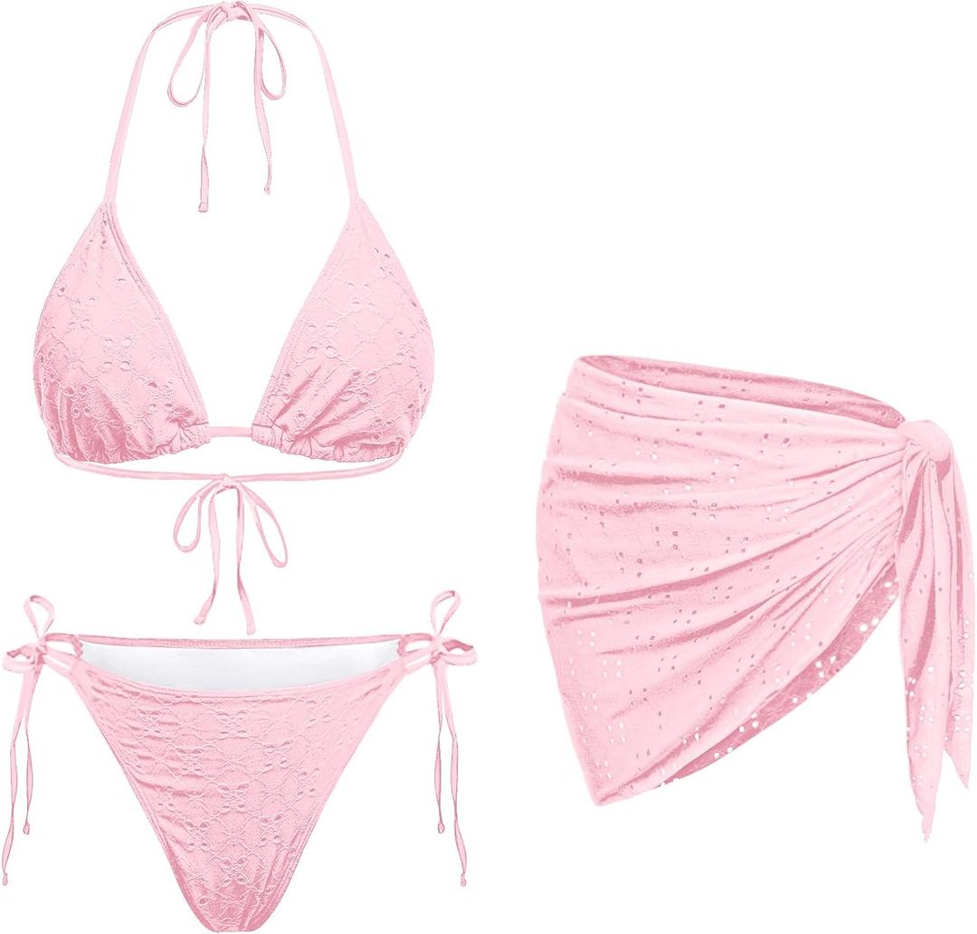 Women 3 Piece Swimsuits - Sexy Triangle Bikini Sets with Cover Up Halter String Tie Side Bathing Suits (Small, Light Pink)