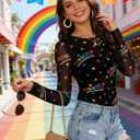 MOUSYA Sheer Tops for Women Mesh Long Sleeve Top See Through Sexy Going Out Tee Summer Crewneck Party Undershirt (Black, M)