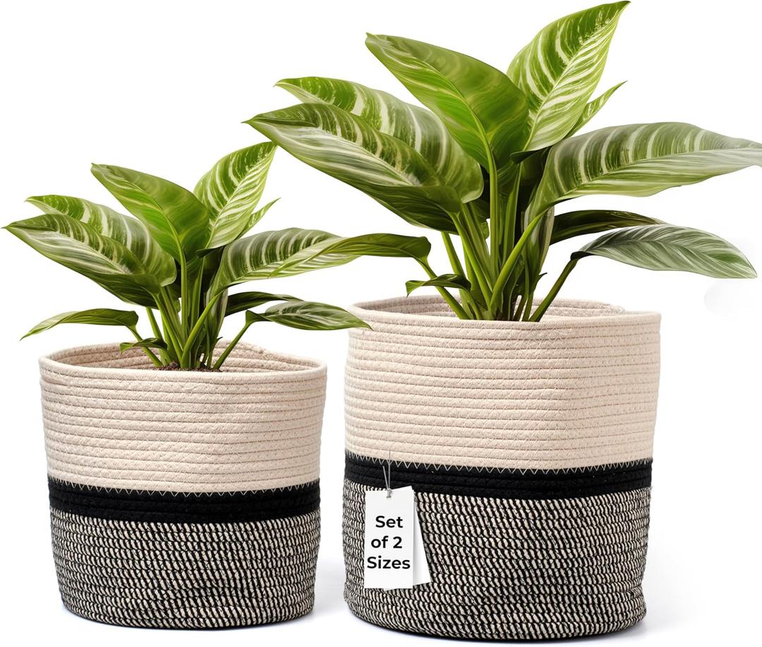 Hallops Woven Planter Basket - Indoor Plant Basket for Flowers Herbs Succulents - Multi-Use Storage Organizer - Set of 2 - Black & Light Brown - Stylish and Versatile Design