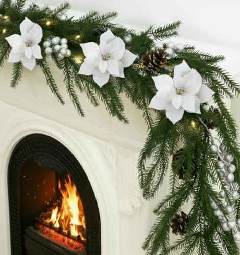 Syhood 1 Pack 6ft Prelit Christmas Garlands with Lights, Norfolk Pine Garland with White Poinsettia, Berries Pinecones, Real Touch Cedar Battery Powered Garland for Mantle Fireplace Stairs Table Decor