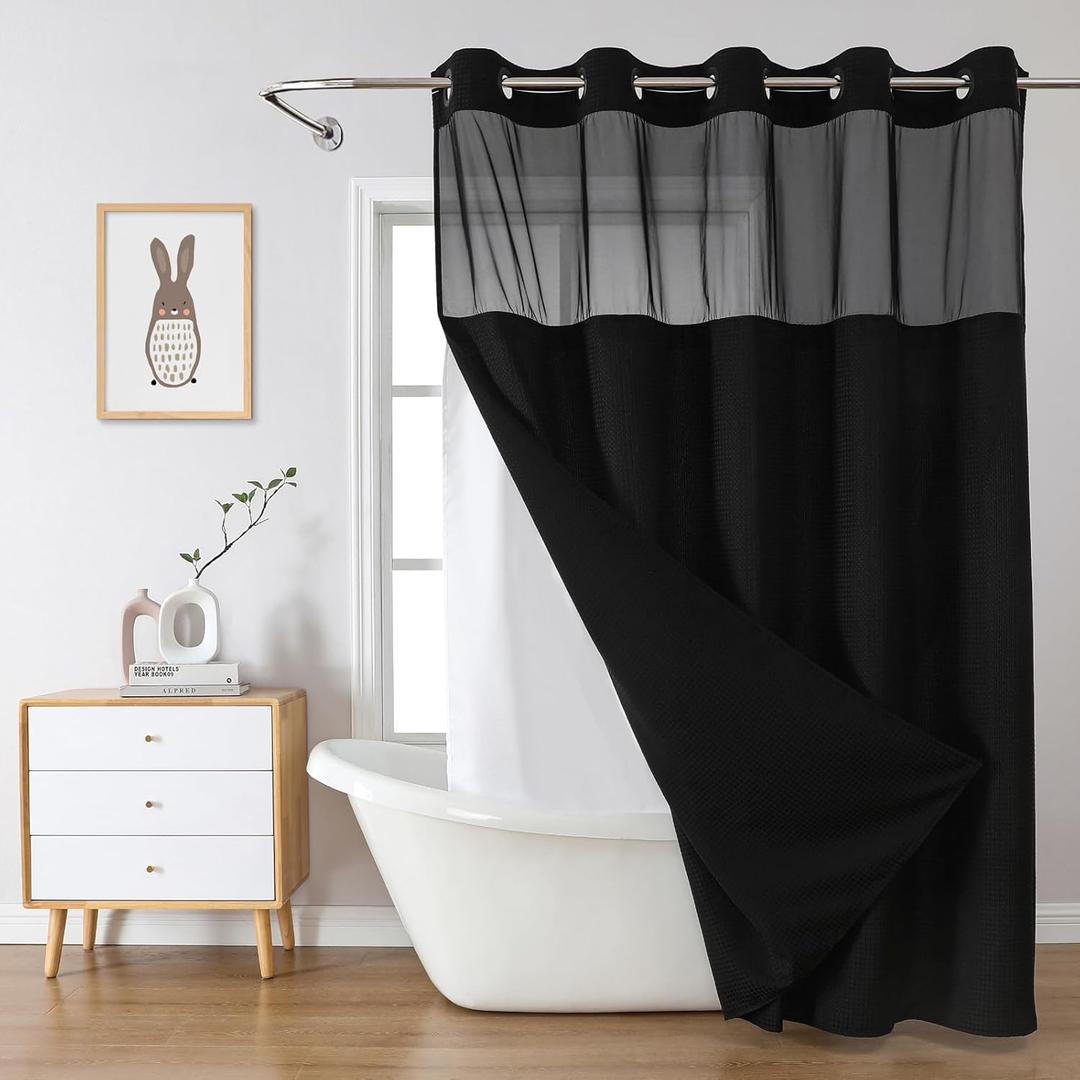 Black No Hook Waffle Weave Shower Curtain with snap-in Liner Replacement, 230GSM Waterproof Fabric Hotel Shower Curtain Set for Bathroom, Through Mesh Top Window, 71Wx74H