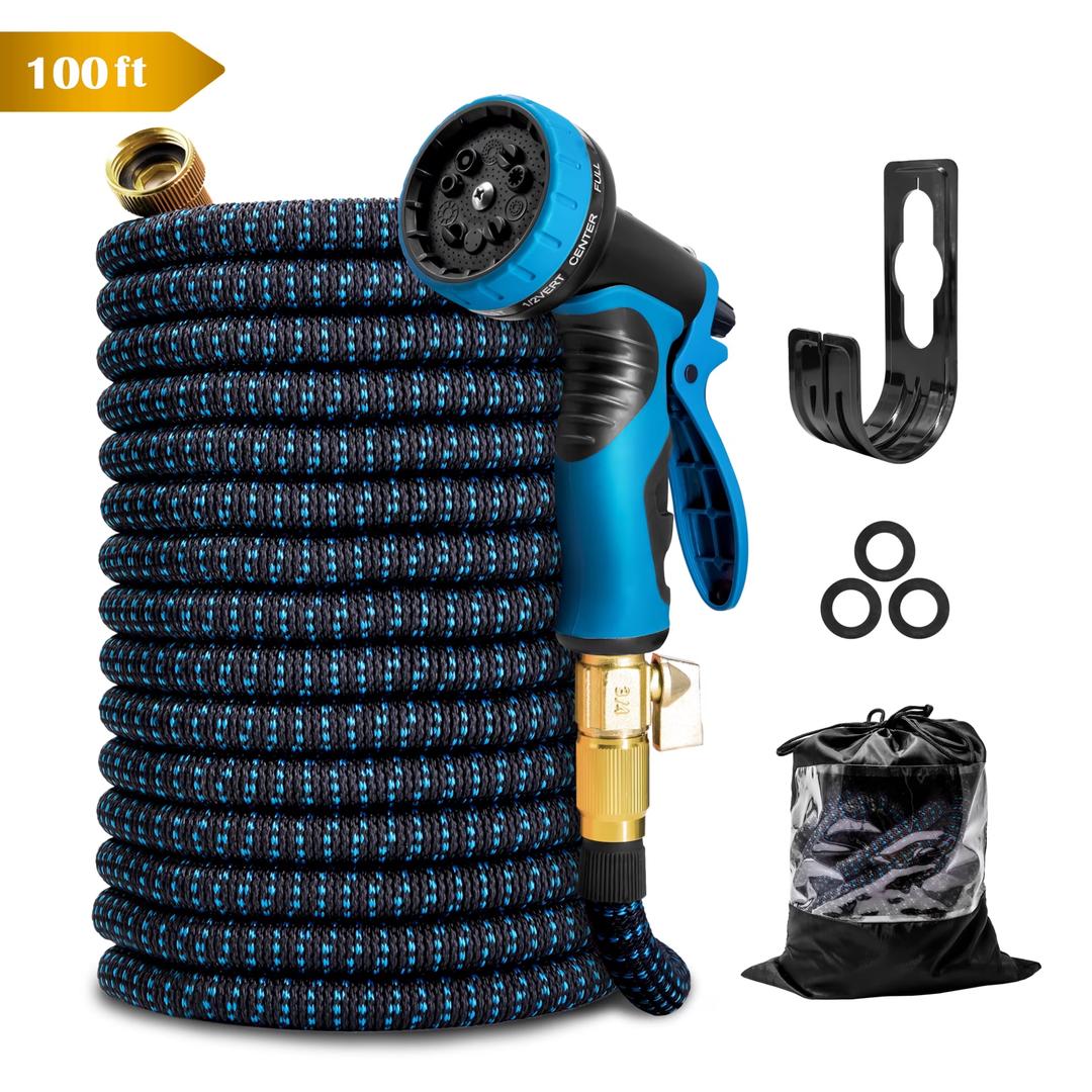 KOTTO Expandable Garden Water Hose, 10 Spray Nozzles, Anti-Rust Solid Brass Connector, Lightweight No-Kink Flexible - Blue 100ft