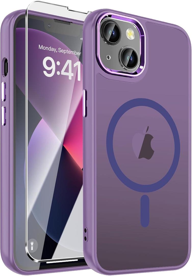 WRJ Magnetic Case for iPhone 13,iPhone 14 Case with Screen Protector, Magnetic Translucent [Compatible with Magsafe] Slim Anti-Fingerprints Shockproof Protective Cover for Women Men-Purple