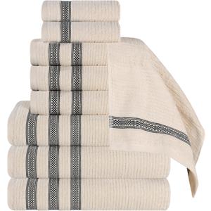 Superior Cotton 9-Piece Towel Set, Zero Twist, Ribbed Geometric, Bathroom Essentials, Shower, Spa, Luxury Plush Soft Absorbent Towels, Includes 3 Bath, 3 Hand, 3 Washcloth/Face Towels, Ivory