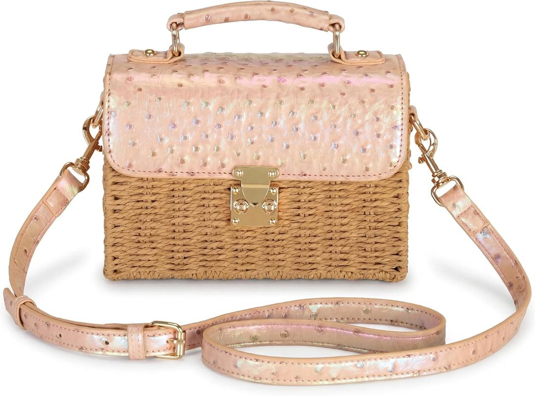 Women's Straw Bag Handmade - Vegan Leather Top-handle Handbags, with Gold and Crocodile Embossed, Summer Purse