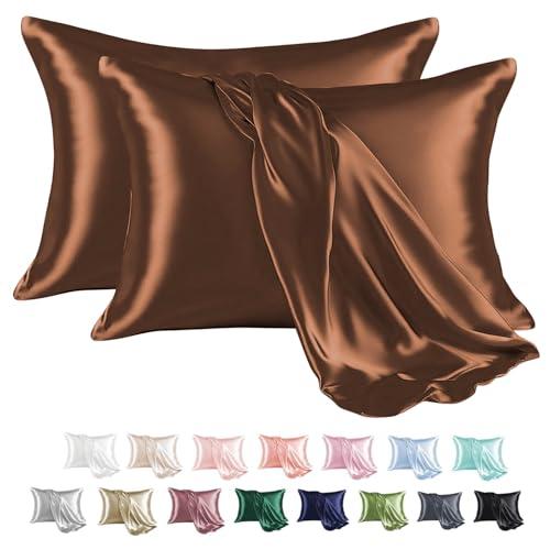 MR&HM Satin Pillowcase for Hair and Skin, Silk Satin Pillowcase 2 Pack, King Size Pillow Cases Set of 2, Silky Pillow Cover with Envelope Closure (20x40, Brown)