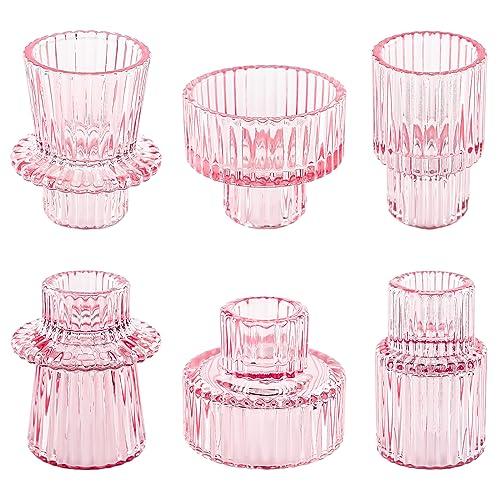 NEOEGOR Taper Votive Candle Holder for Pillar Candles Tealight, Candlestick Holder for Wedding Christmas Tea Party, Boho Ribbed Vintage Crystal Glass Table Centerpiece Decor, Bulk Set of 6 (Pink)
