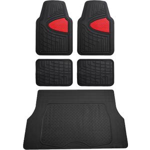 FH Group Premium Liners Tall Channel Trimmable All Weather Rubber Full Set Car Floor Mats (Red) w. Trimmable All-Season Cargo Liner (Black) - Universal Fit for Cars Trucks and SUVs