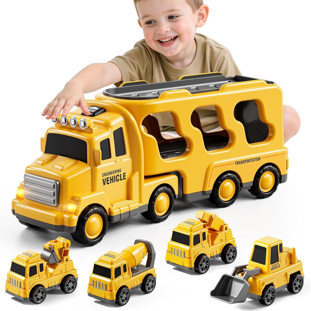 Bennol Construction Truck Toys for Toddler Boy 1 2 3 4 5 Year Old, Car Trucks Birthday Gifts Toys for Kids Ages 1-3 3-5, 5-in-1 Construction Trcuk with Excavator, Crane Mixer, Bulldozer
