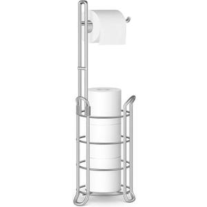 TomCare Toilet Paper Holder Toilet Paper Stand Free-Standing Toilet Tissue Paper Roll Bathroom Storage Shelf and Dispenser for 3 Spare Rolls Metal Wire Bathroom Accessories Storage Organizer (Silver Grey)
