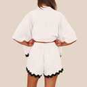 Shy Velvet Lounge Sets for Women Two Piece Sets Summer Pajama Sets Linen Cotton Vacation Outfits With Stylish Ric Rac Trim (L)