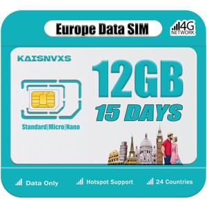 Plug and Play Prepaid SIM Card for Europe Travel - EU 12GB Data SIM Card for 15 Days in 24 Countries, 5G/4G LTE High Speed Data Network, No Need Activation, Hotspot Support, Data Use Only