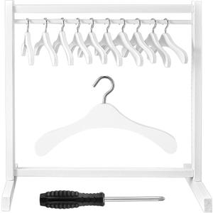 Civaner 11 Pcs Doll Garment Rack with Wooden Clothes Hanger for 18 Inch Girl Doll Clothes Mini Hangers Wardrobe Furniture Accessories for Dollhouse Baby Shower Supplies (White)