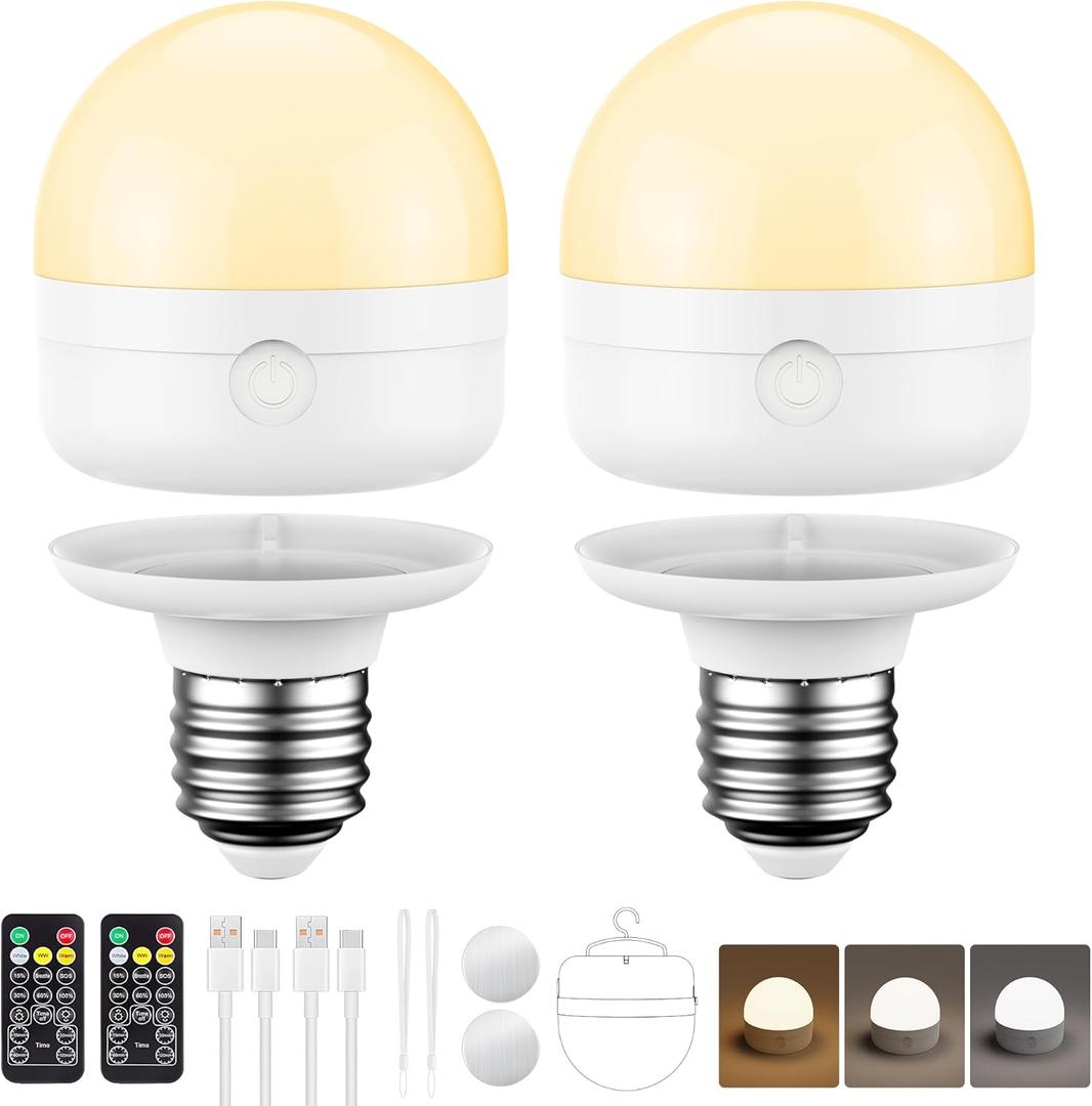 E26 Rechargeable Light Bulbs with Remote, 10W 900lm 3-in-1 Battery Operated Emergency Lighting, 3500mAh 60W Equivalent Bulbs with Magnetic Base & Hook for Home Camping Hurricane&Power Outage, 2 Pack
