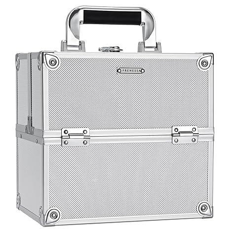 FRENESSA Makeup Train Case Makeup Organizer Box Portable Cosmetic Travel Case with Lock 4 Trays Aluminum Hard Vanity Box Make Up Artist Nail Beauty Storage Organizer Cosmetic Suitcase Bright Silver