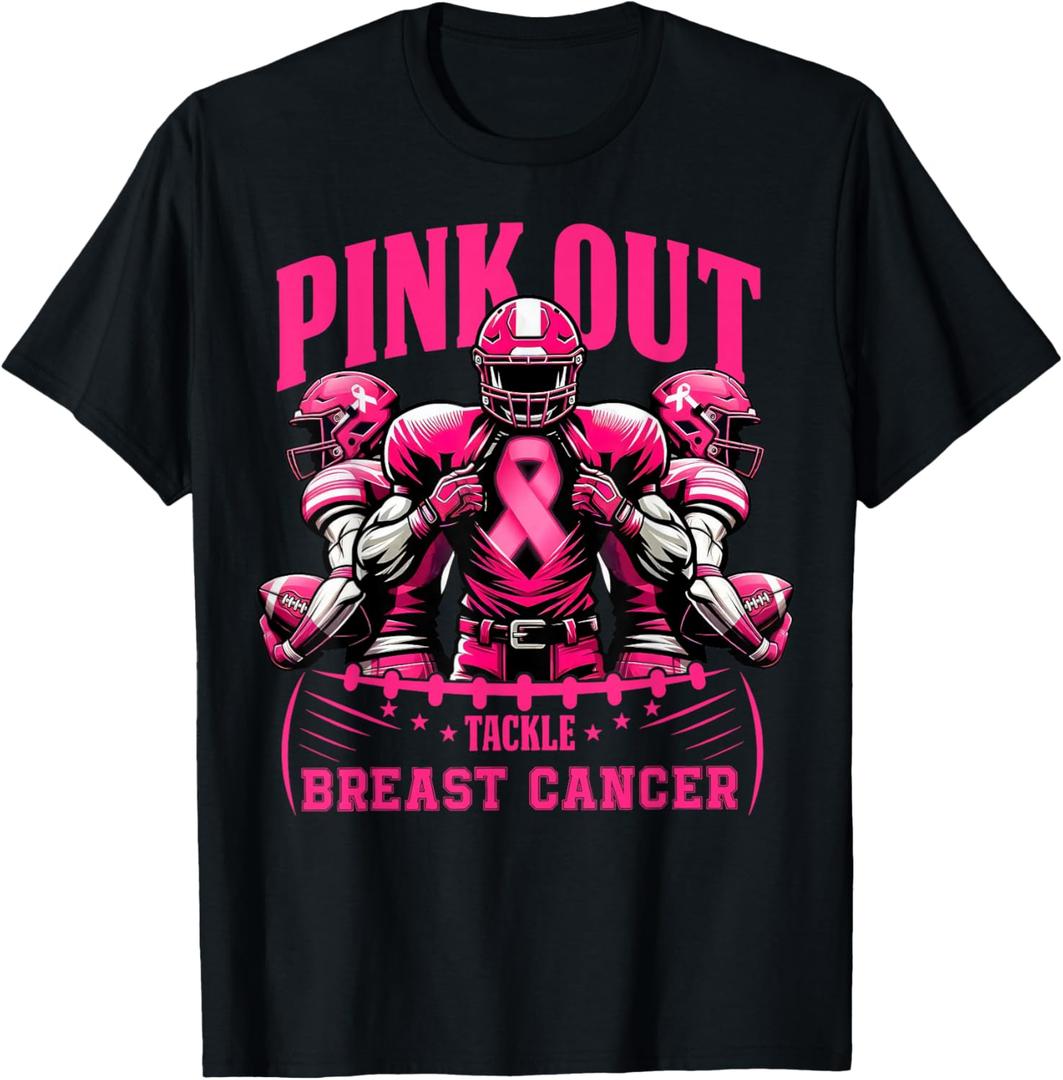 Pink Out Tackle Breast Cancer Awareness Football Pink Ribbon T-Shirt, Large