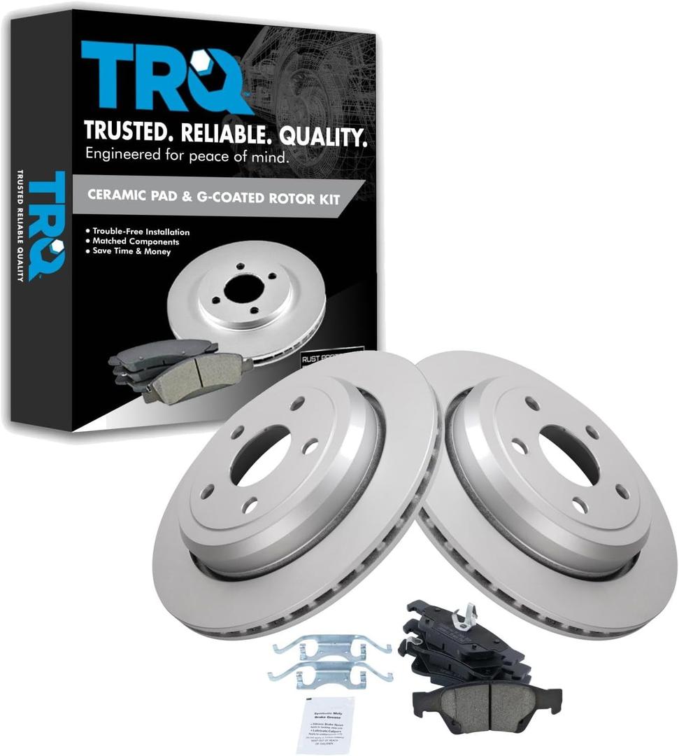 TRQ Rear Ceramic Brake Pad and Rotor Set Coated Compatible with 11–21 Jeep Grand Cherokee with 18 or 20 Inch Wheels 11–21 Dodge Durango with Heavy Duty Brakes