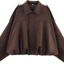 Xunger Women's Faux Suede Bomber Jacket Spring Lapel Pilot Coat Casual Oversized Long Sleeves Trendy Streetwear Outerwear (Coffee, Small)