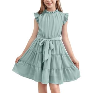 blibean Tween Girls Elegant Dresses Kids Summer Ruffle Sleeve Dress Size 4-15 Years Old (Green, M)